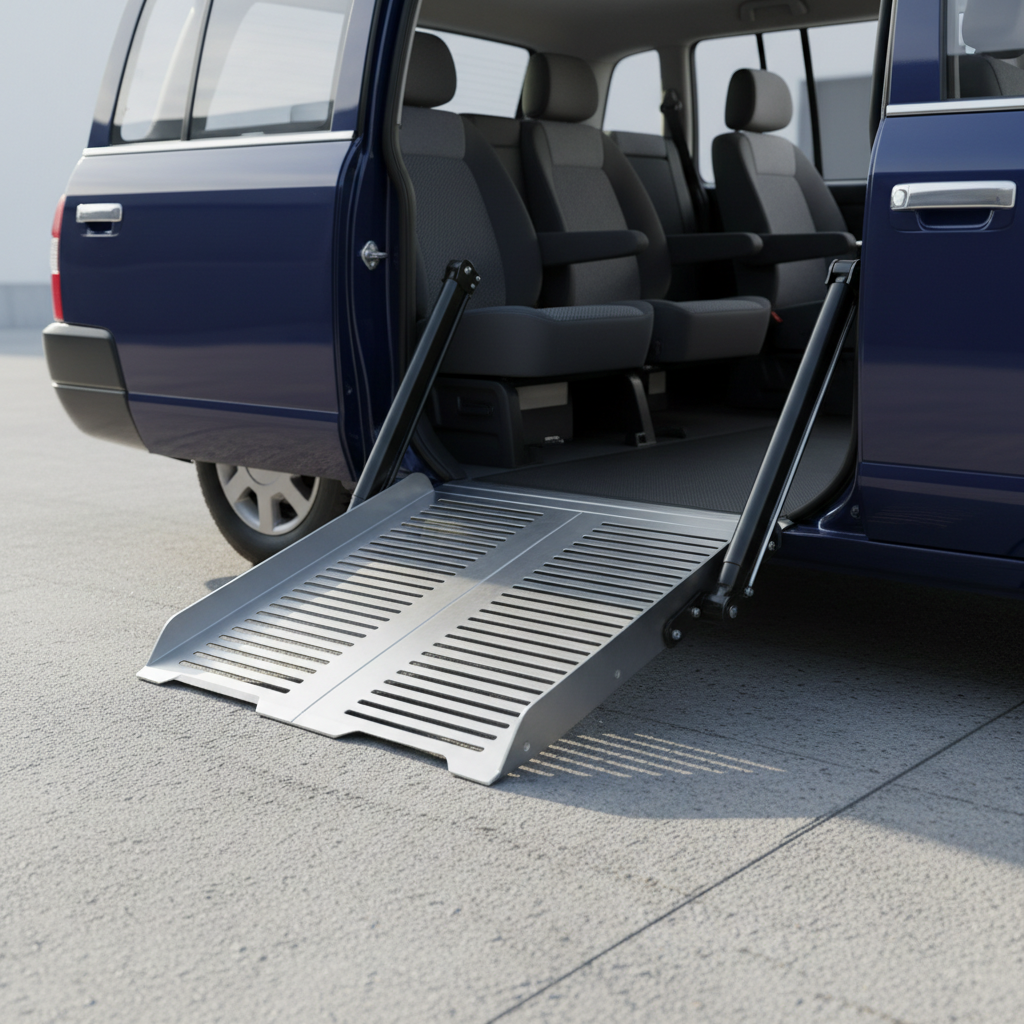 A close-up of a state-of-the-art hydraulic wheelchair ramp attached to a glossy dark-blue taxi, extended onto a clean, textured concrete pavement. The ramp’s metal surface showcases fine anti-slip grooves, and the taxi’s interior is visible, showing a pristine, spacious cabin with structured seating. Subtle natural daylight filters in at an angle, highlighting the ramp’s precision engineering and casting soft elongated shadows to enhance depth. Captured from a low, slightly side-on angle, the composition focuses tightly on accessibility details. The mood is technical yet reassuring, with a minimalist, corporate style emphasizing function and reliability.