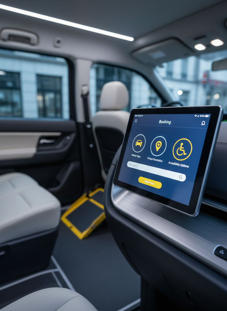 A digital booking interface displayed on a high-resolution touchscreen tablet mounted inside a modern wheelchair-accessible taxi, with icons for vehicle type, pickup, and accessibility options in a clean, intuitive layout. The tablet rests against a soft-touch dashboard with metallic accents, and in the background, the taxi’s spacious cabin is softly blurred. Cool, diffused cabin lighting ensures the screen’s display stands out crisply. The composition follows the rule of thirds, highlighting technology and user access. The mood is efficient and forward-thinking, depicted in photographic realism with a structured, tech-savvy corporate feel.